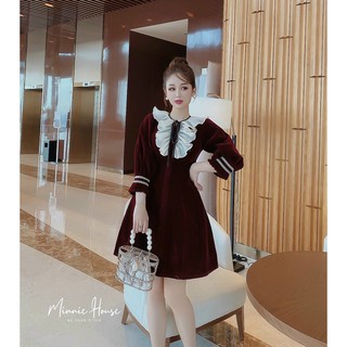 Đầm Xòe Tay Lỡ Thanh Lịch Họa Tiết Màu Đỏ Sang Trọng Phối Bèo Trắng Dây Cột Nơ Thời Trang - Winchois