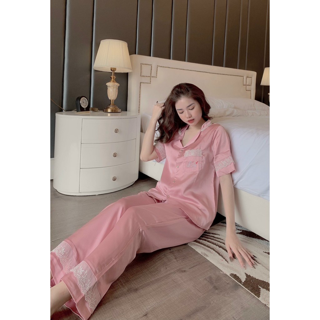 Đồ Bộ Pijama - Bộ Lụa Áo Cộc-Quần Dài Chất Liệu Satin phối ren