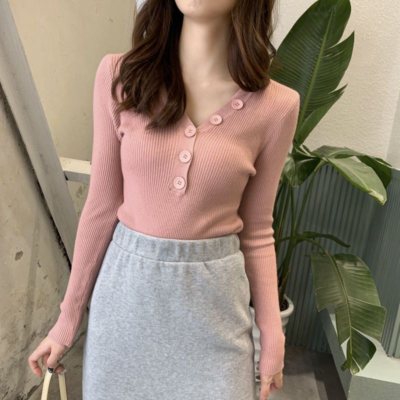 Áo Len Tay Dài Cổ Chữ V Dáng Ôm Thời Trang Thu Đông Cho Nữ