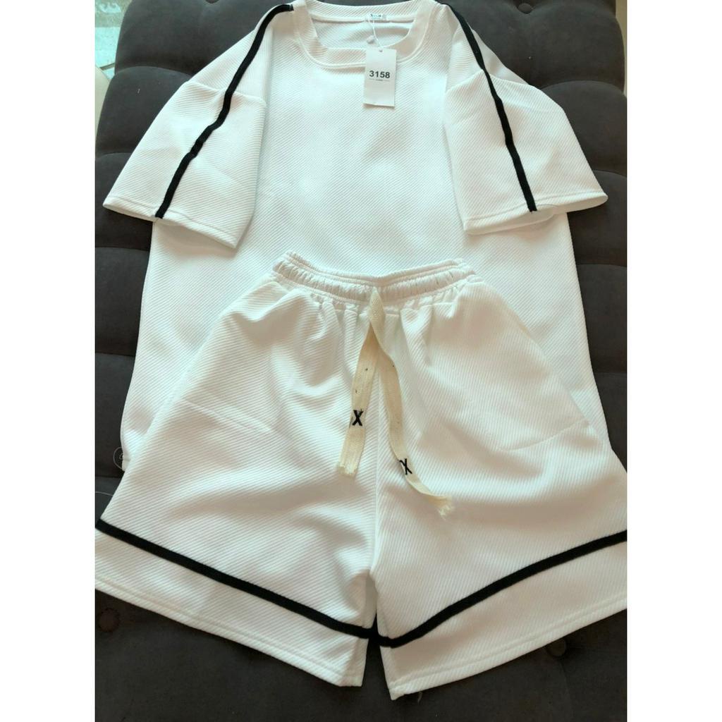 Set Đồ Bộ Nam Nữ Chất  sóng Cổ tròn Viền tay dáng rộng phong cách Hàn quốc