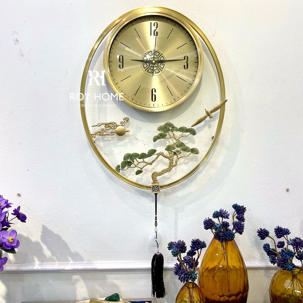 Đồng hồ treo tường chất liệu đồng nguyên chất hình cây tùng và chim đại bàng mã 9058