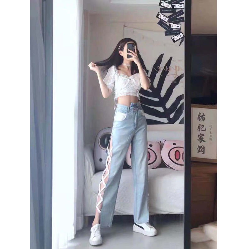 Quần jean lưng cao ống rộng thiết kế thời trang phong cách cá tính cho nữ