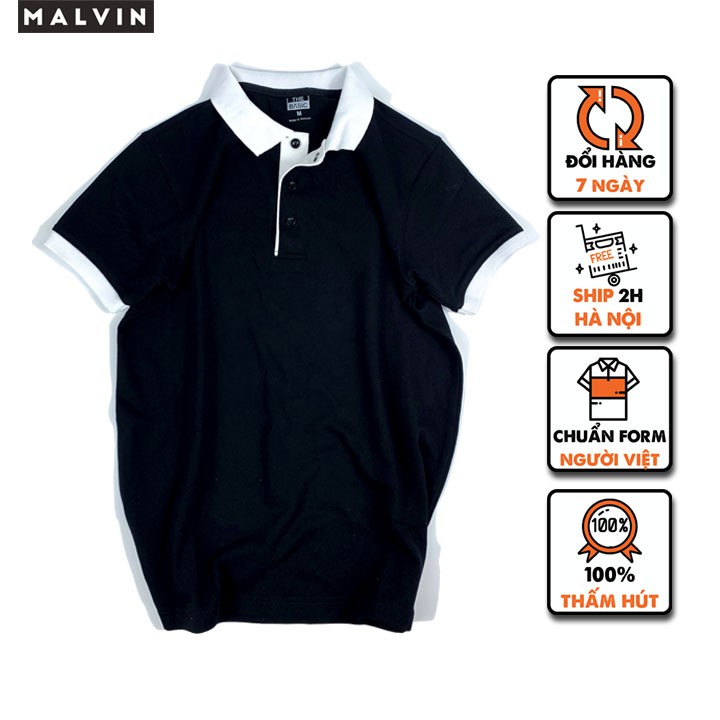 Áo Polo Nam Màu Đen Phối Trắng có cổ BASIC vải cotton cá sấu chất đẹp cao cấp Malvin Official MALP013