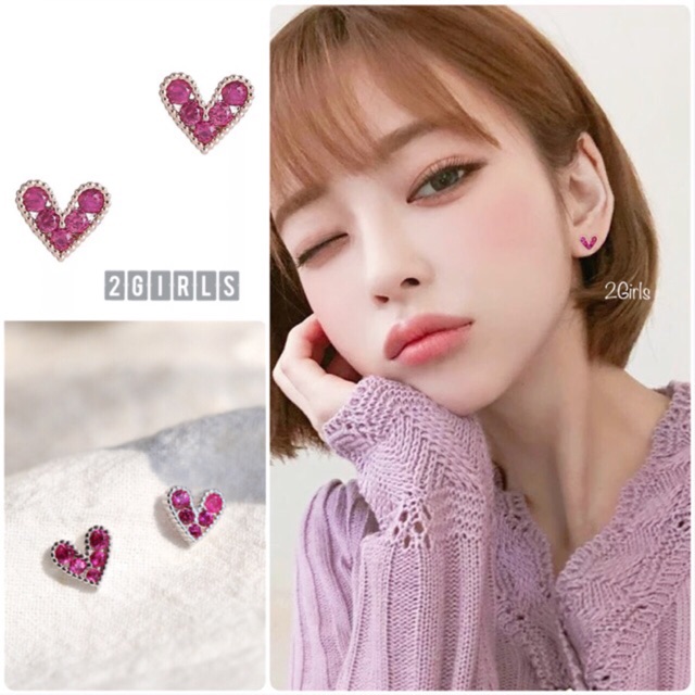 Bông tai thư ký kim bạc ý s925 tim đính đá hồng kiểu hàn quốc cực xinh