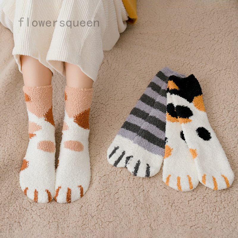 Women Winter Warm Cat Paw Claw Socks Soft Coral Fleece Ankle Socks	Cute Socks