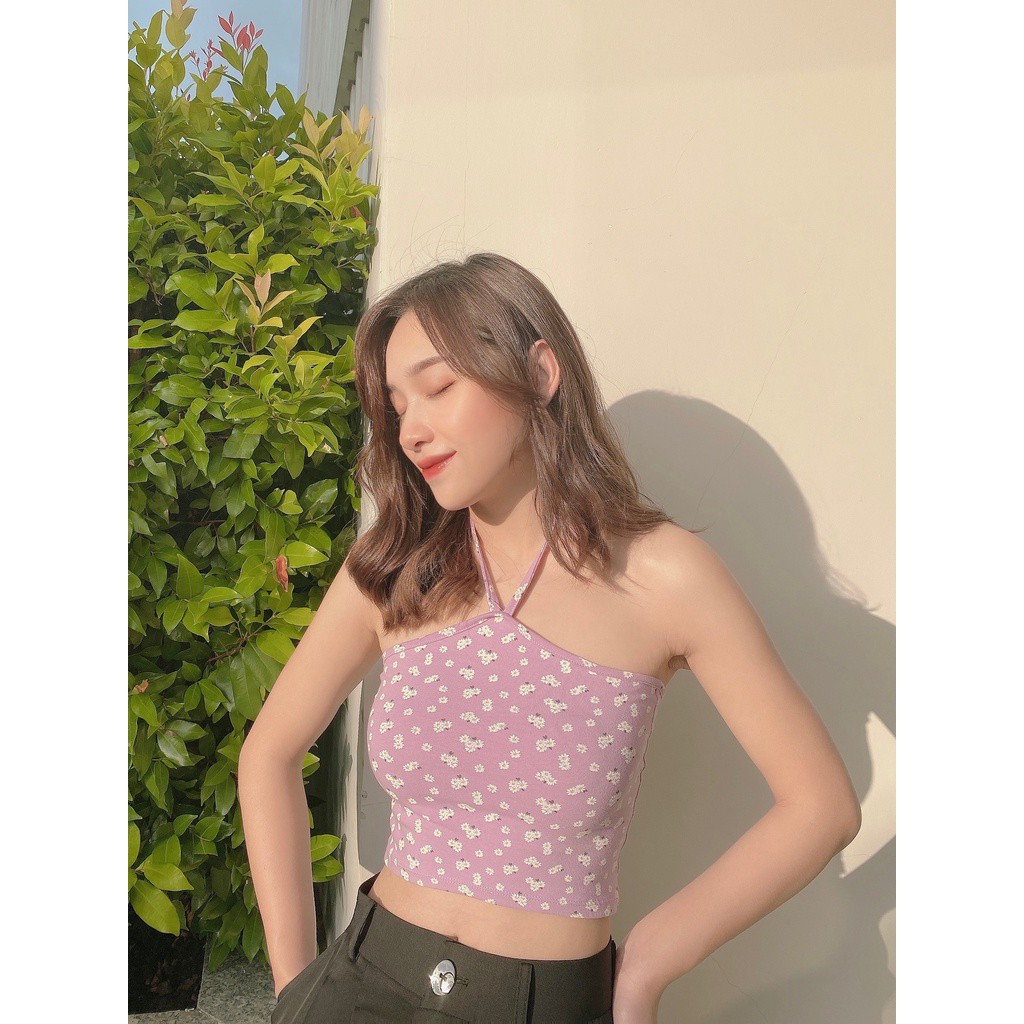 Áo Croptop Nữ Cổ Yếm Cột Dây Hoa Nhí FreesizeThun Gân LA BOUTIQUE LA11