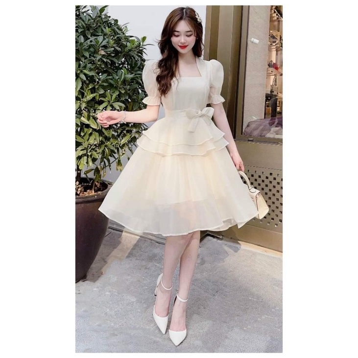 Váy đầm nữ dáng xòe tay bồng xếp tần cột nơ eo