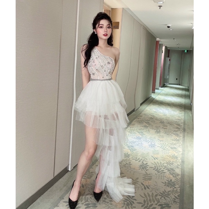 Đầm jum dự tiệc 1 vai xếp tầng kết cườm có quần trong dễ măc TRIPBLE T DRESS - size M/L - MS370V