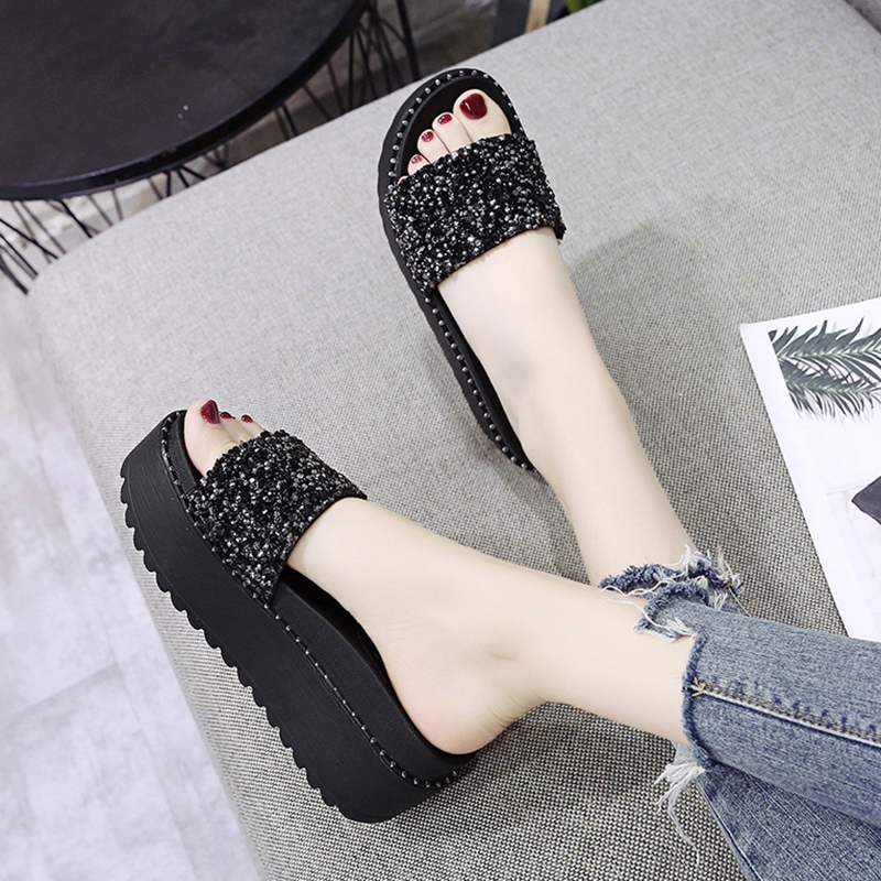 Dép Nữ Đế Xuồng Cao Gót Quai Ngang Đính Cườm Cao 7Cm