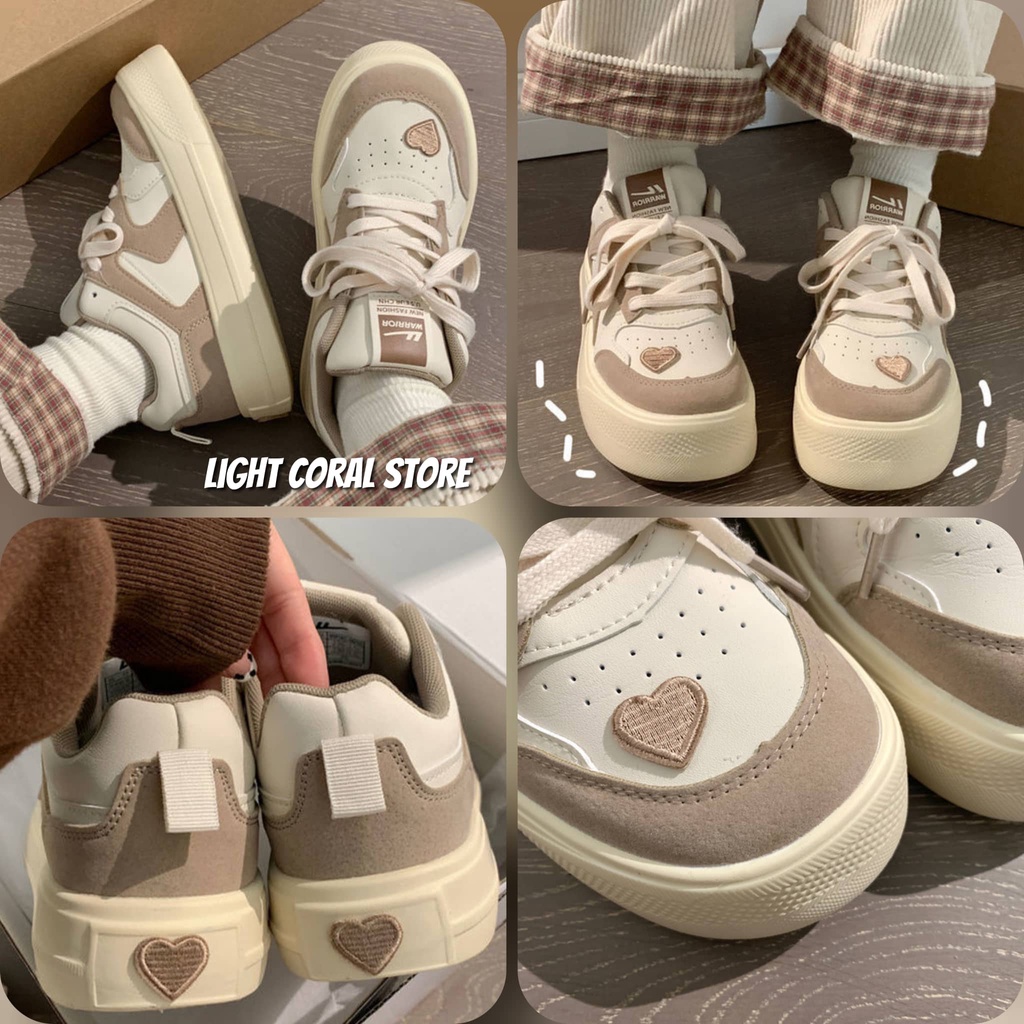 (Order) Giày sneaker nữ phối màu viền đế bánh mì đính hình Little Heart màu Matte Choco độc lạ đẹp (ảnh thật)