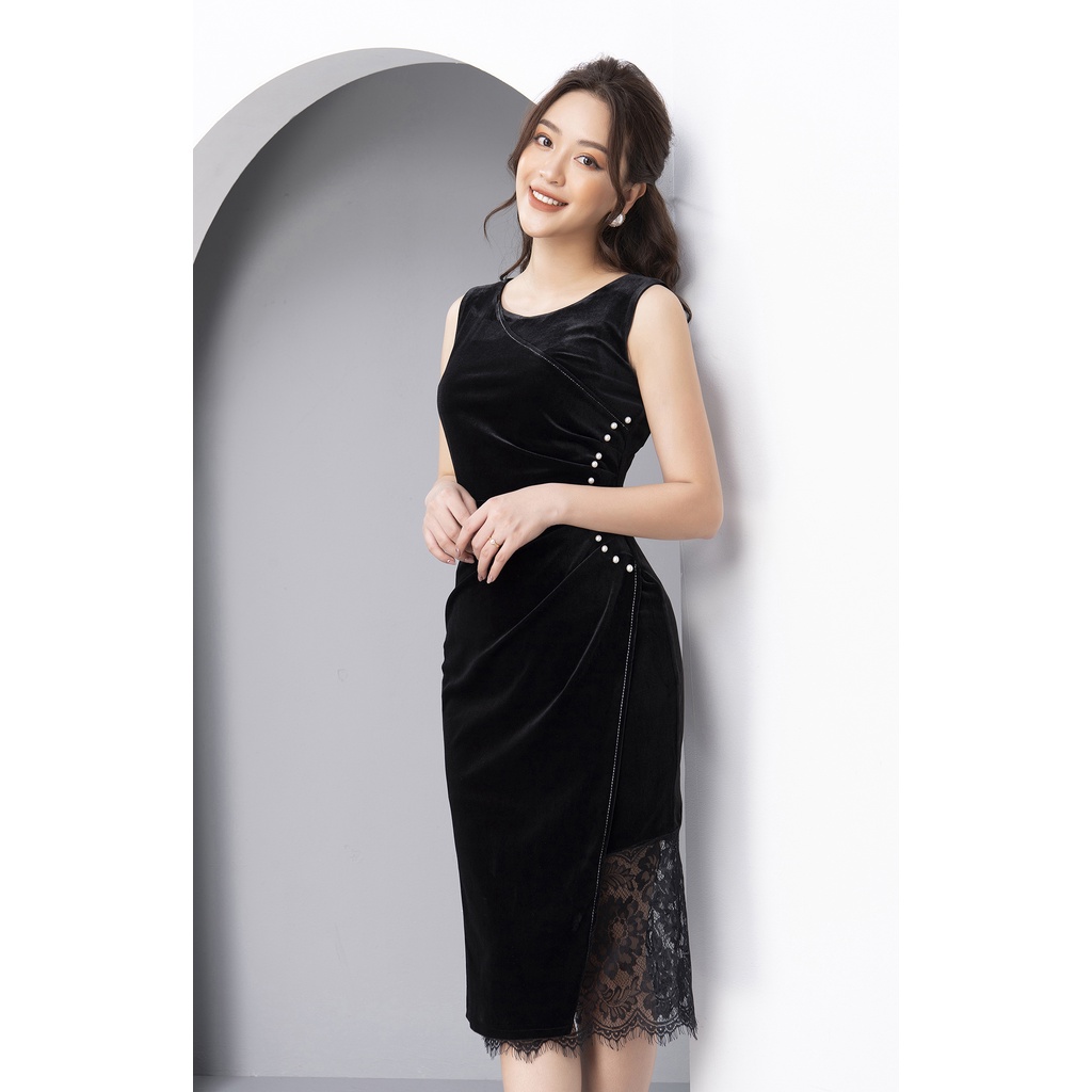 Váy Nhung Cổ Tròn Phối Ren Cao Cấp Luperi