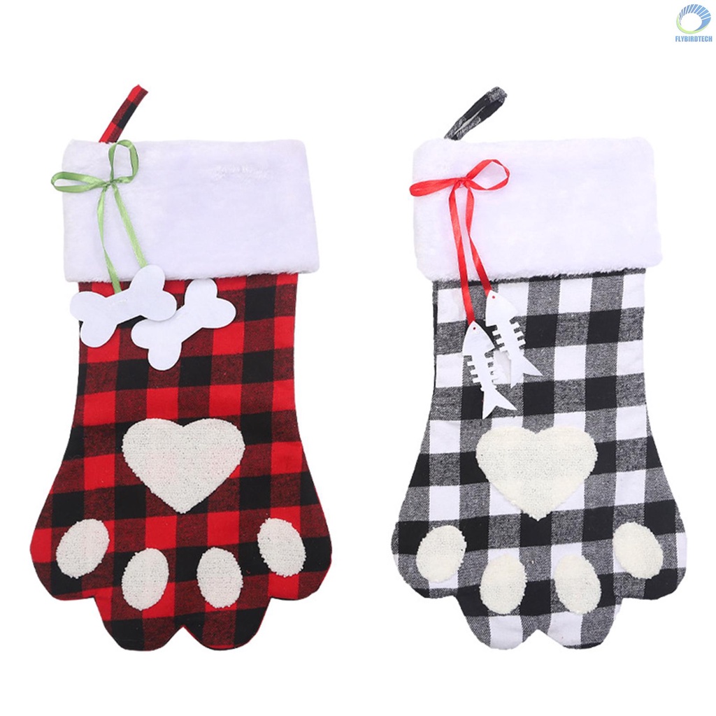 【FLY】Christmas Stockings Red and Black Plaid Dog Paw Stocking Hanging Christmas Tree Gift Bag Candy Bag Christmas Tree Decoration Accessories