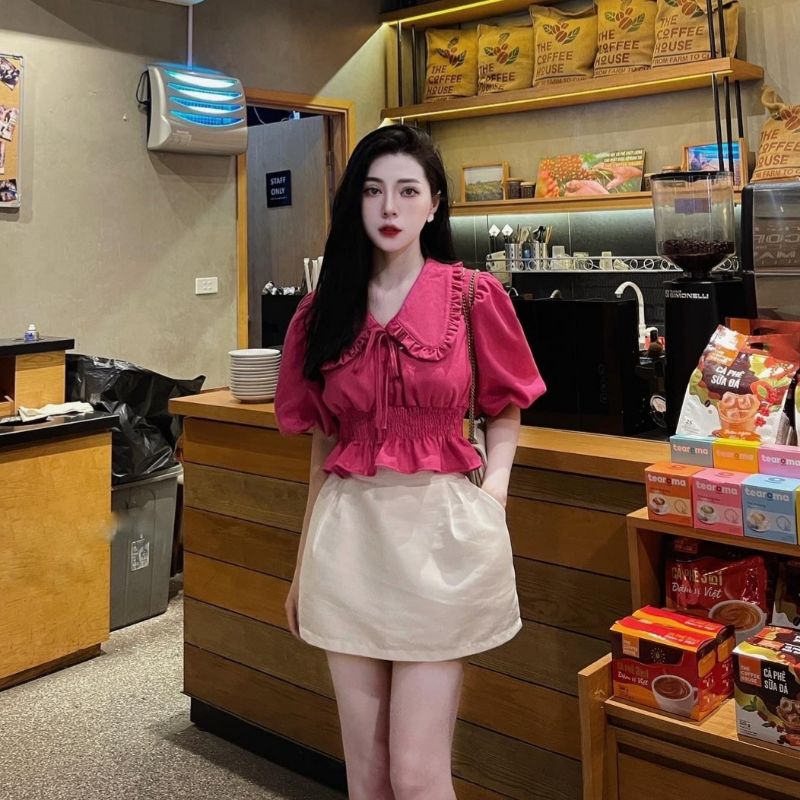 Áo croptop cổ sơ mi chun eo | BigBuy360 - bigbuy360.vn