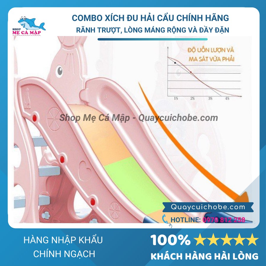 Combo cầu trượt xích đu Hải Cẩu, TẶNG KÈM BỘ BÓNG RỔ và cua phát nhạc, cầu trượt dài 1m70 thành cao, chịu tải 50kg