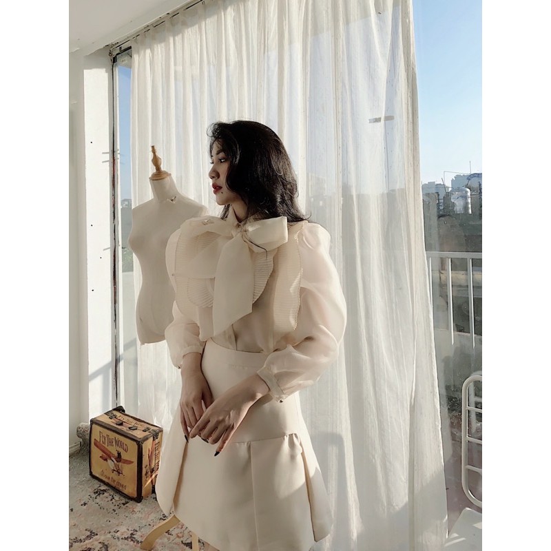 Áo sơmi tơ organza xếp ly cao cấp Ruby