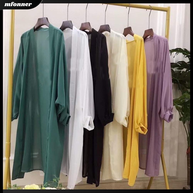 Áo Khoác Cardigan Chiffon Tay Phồng Dài Qua Gối Màu Sắc Trơn Thoáng Khí Thời Trang Đi Biển Cho Nữ