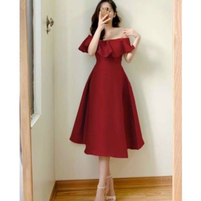 ĐẦM ĐI TIỆC, VÁY CƯỚI ĐI BÀN CÔ DÂU DÁNG XOÈ DÀI QUA GỐI TRỄ VAI SEXY CHẤT VẢI TAPTA CAO CẤP SANG TRỌNG