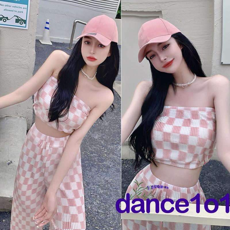 ♀Nc✭Set Áo Ống Họa Tiết Sọc Caro + Quần Dài Lưng Cao Ống Rộng Năng Động Thời Trang Dành Cho Nữ