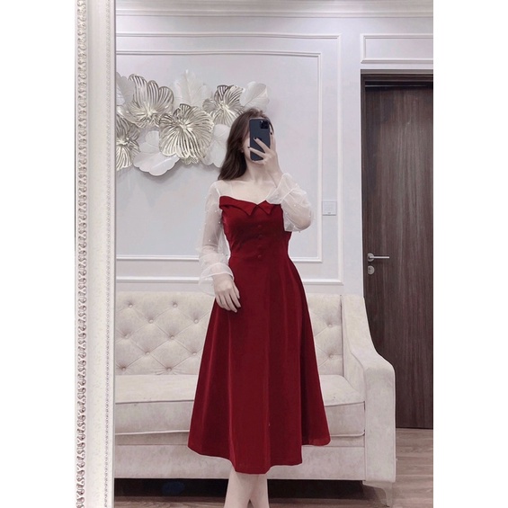 ⚡️ĐẦM NHUNG⚡️Đầm nhung đỏ phối tay voan