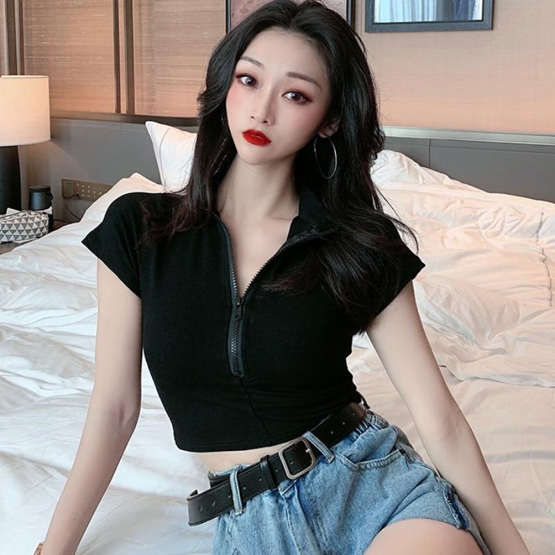 Áo Thun Ngắn Tay Phối Khóa Kéo Thời Trang Mùa Hè Hàn Quốc 2022 Dành Cho Nữ