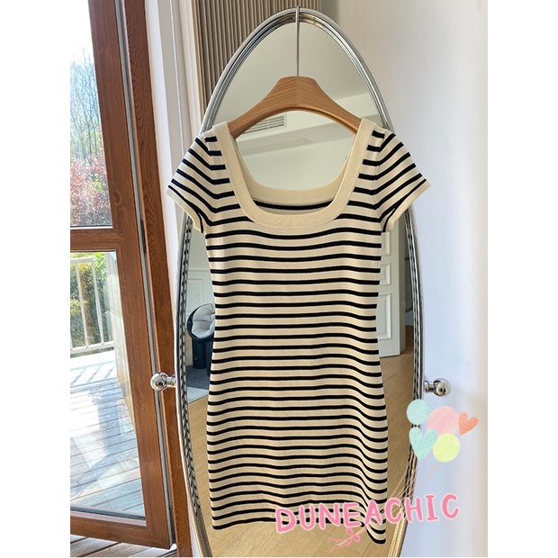 DUNEA Đầm Dệt Kim Tay Ngắn Kẻ Sọc Thời Trang Cho Nữ