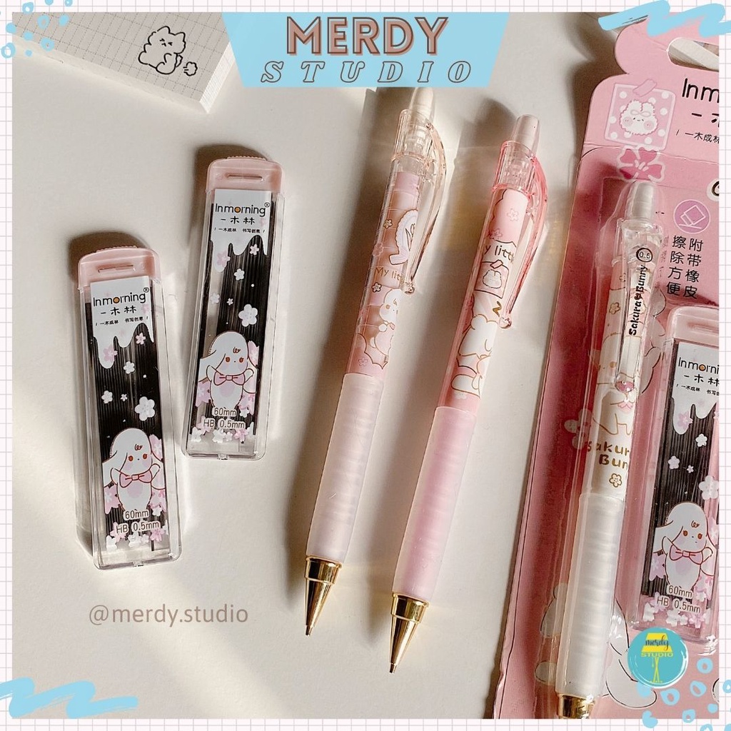 Bút chì bấm ngòi 0.5mm Inmorning Bunny &amp; Sakura kèm hộp ngòi