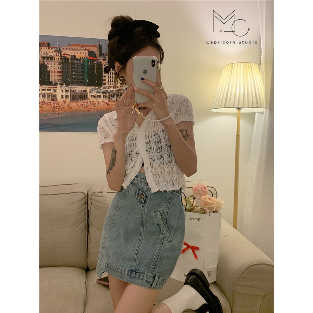 Set váy bò và áo cardigan ren ngắn tay điệu đà cho các nàng mùa hè 2021