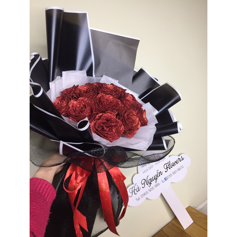 [QUÀ SINH NHẬT]- Bó hoa hồng sáp nhũ 15 bông cao cấp tặng kèm thiệp