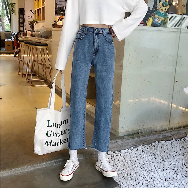 SUXI Quần jean lưng cao ống đứng kiểu Hàn Quốc thời trang mùa thu cho nữ