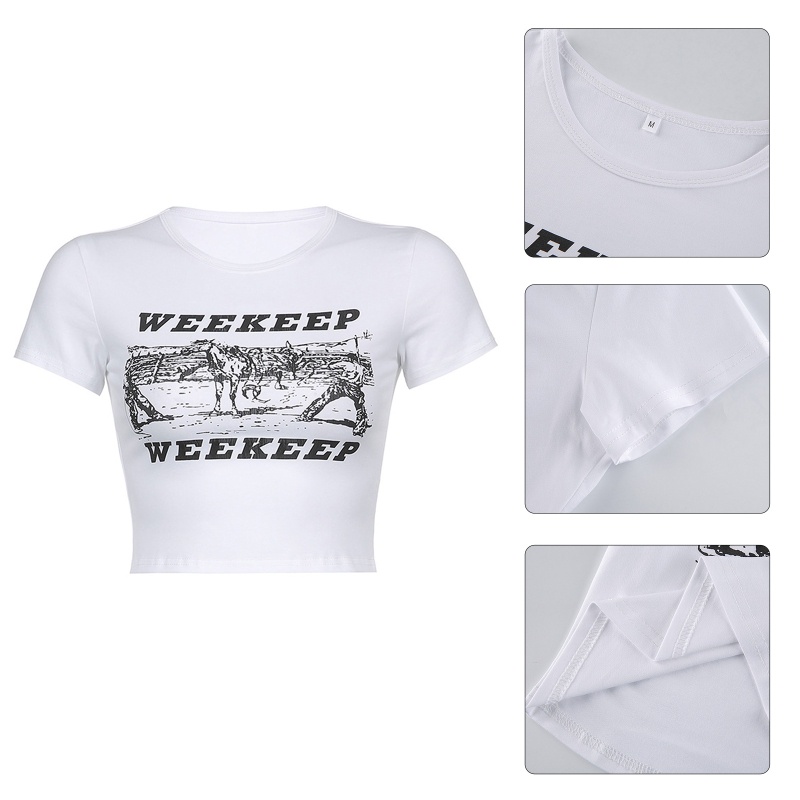 Áo Thun Crop Top Nữ Tay Ngắn In Chữ Và Hình Ngựa Phong Cách Vintage