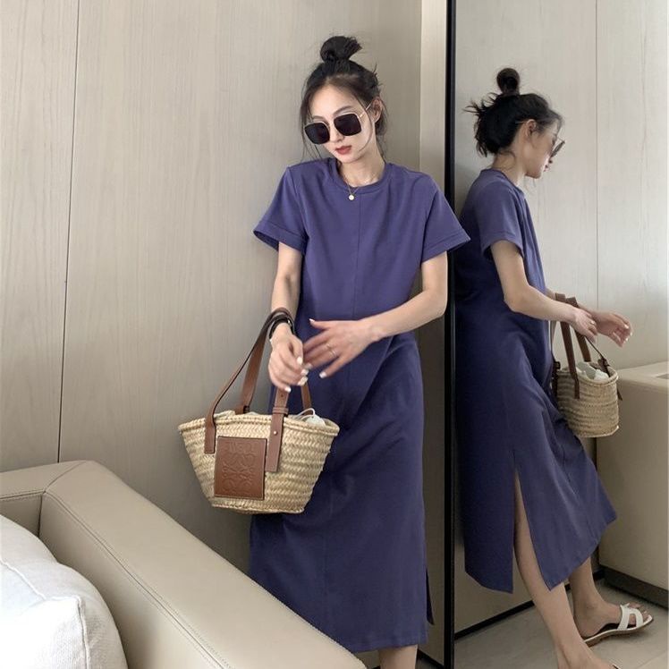 Đầm Thun Tay Ngắn Dáng Dài Vải Cotton 100 Màu Trơn Thời Trang Mùa Hè Cho Nữ