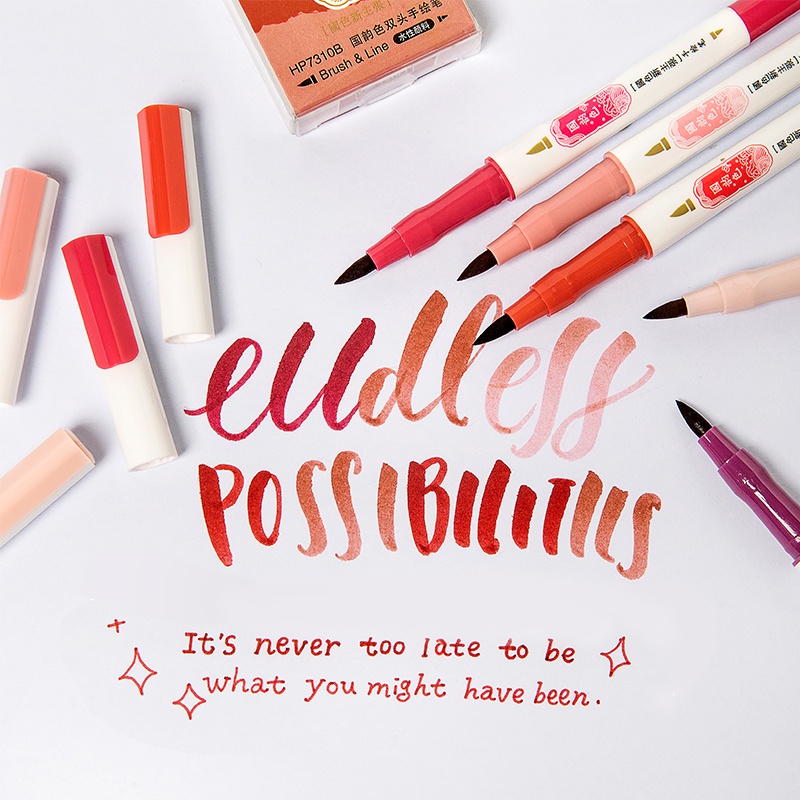 Set 4 Bút Lông Hai Đầu Kèm Cọ Viết Thư Pháp Màu Sắc Retro C7125