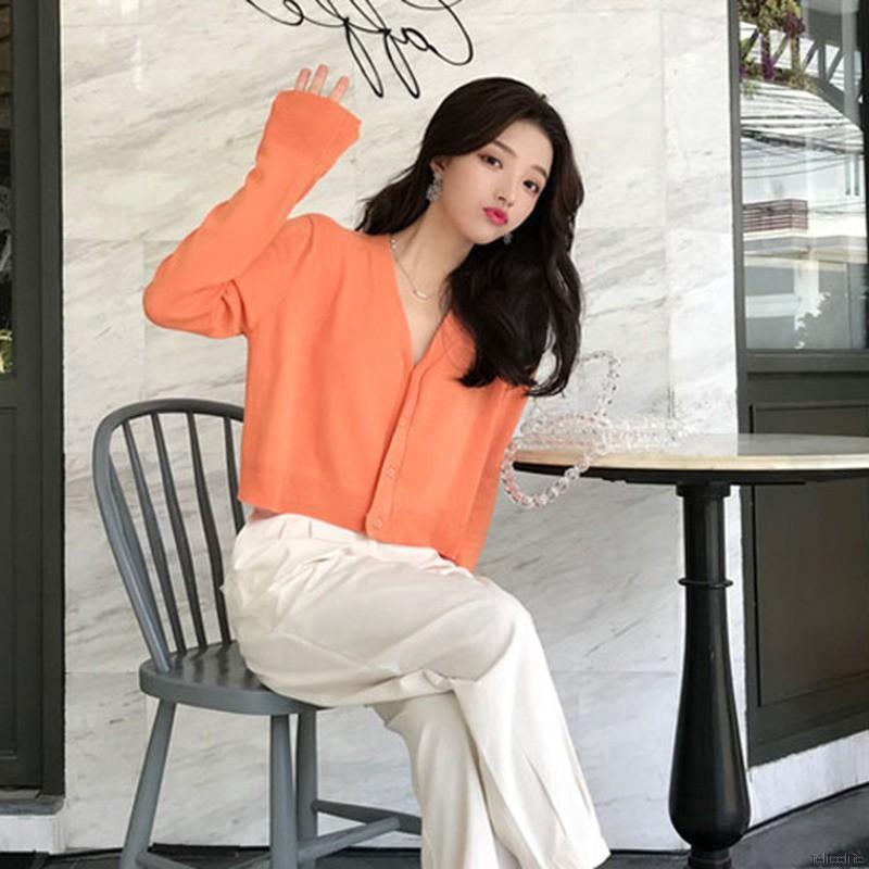 Áo cardigan dệt kim tay dài màu trơn thiết kế cổ chữ V dành cho nữ