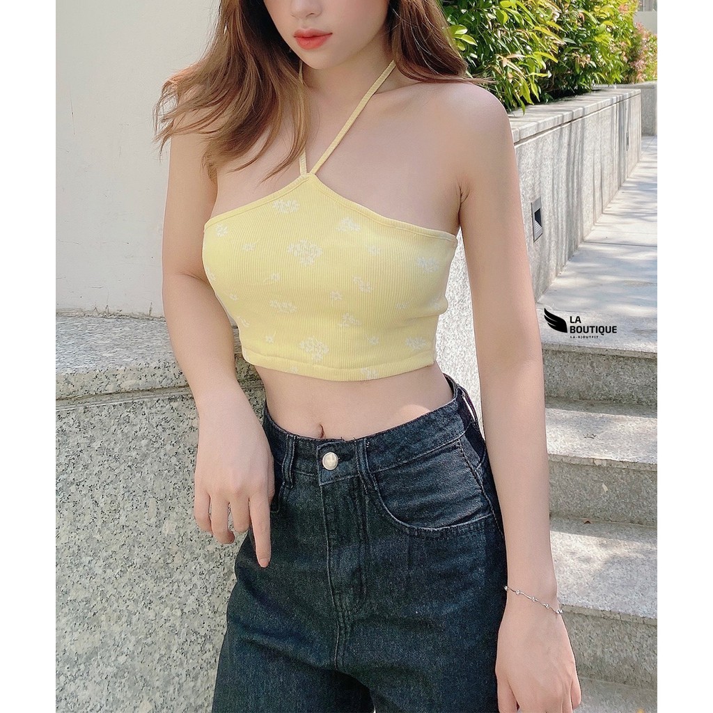 Áo Croptop Nữ Cổ Yếm Cột Dây Hoa Nhí FreesizeThun Gân LA BOUTIQUE LA11 | BigBuy360 - bigbuy360.vn