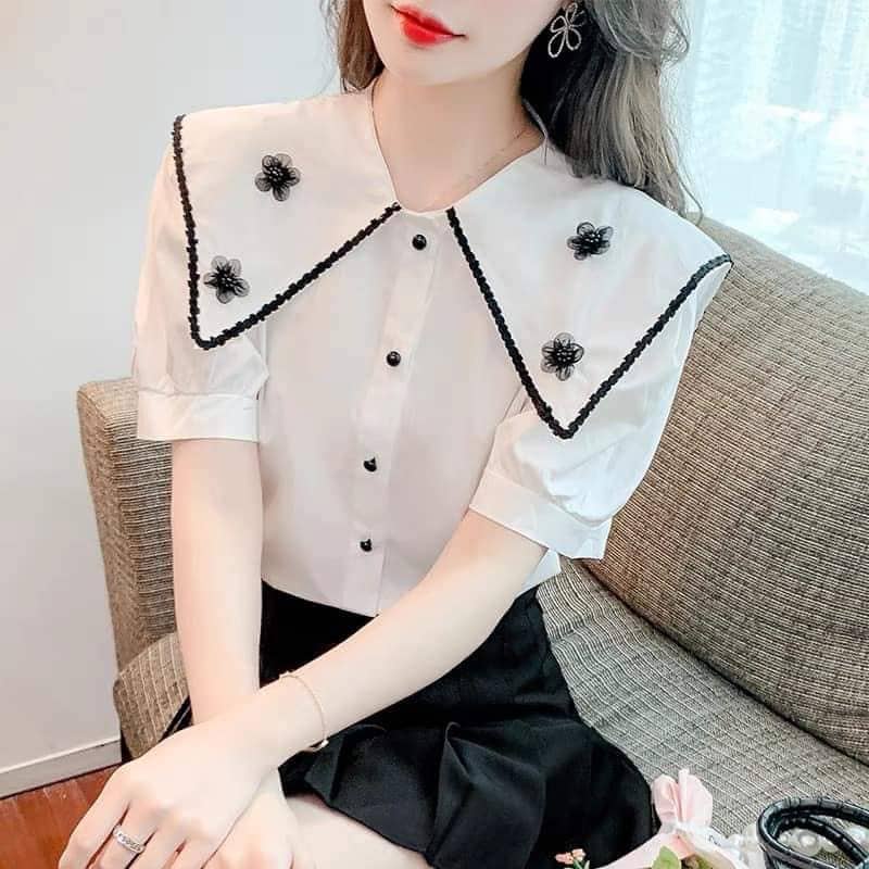 Áo sơ mi ngắn tay Gloria Shop, Áo kiểu nữ cổ 2 lá đính hoa chất vải đẹp, hàng thiết kế chất lượng cao -SP03