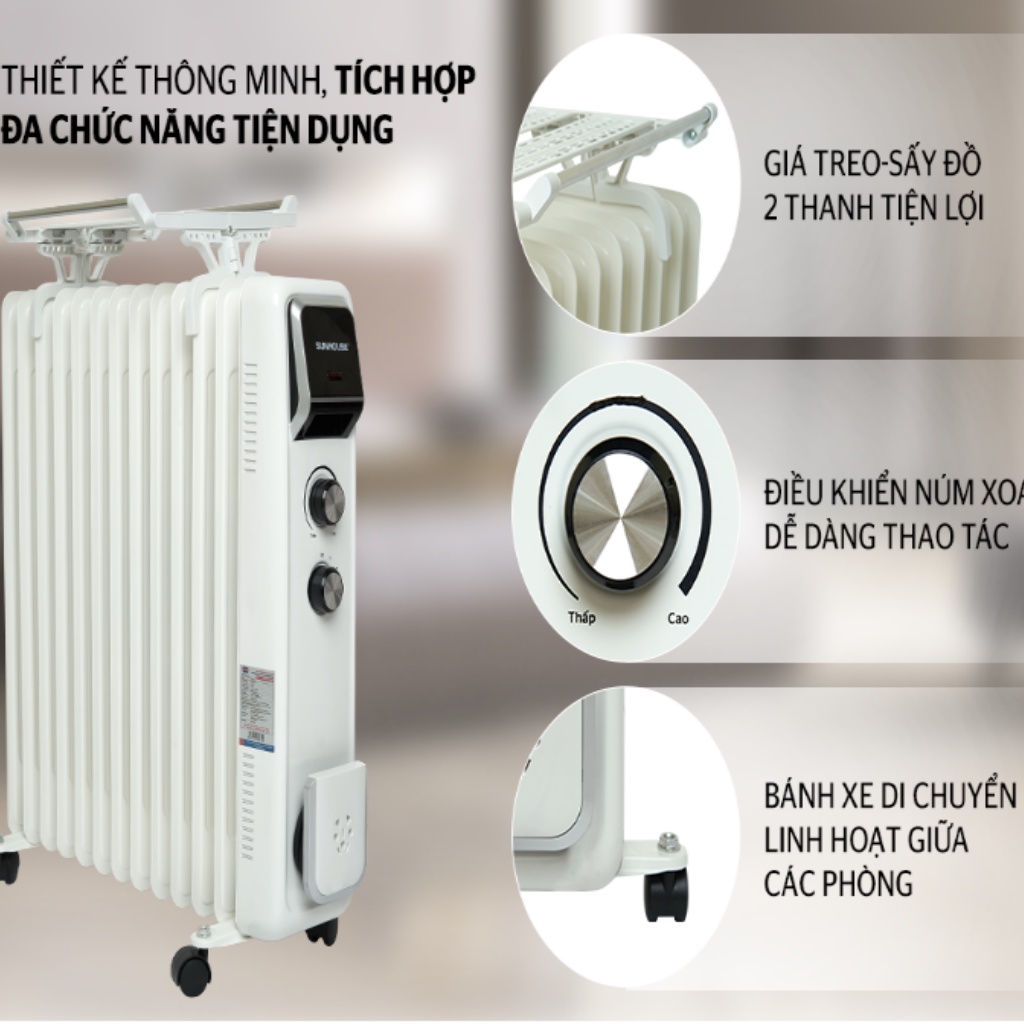 Máy sưởi dầu SUNHOUSE 13 lá SHD7084 Công suất 2400W Bảo hành 12 tháng  + tặng dao làm bếp màu đen