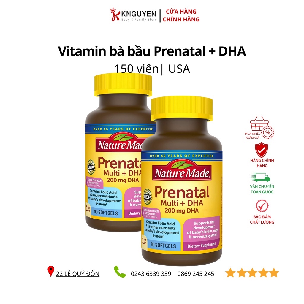 Vitamin bà bầu Prenatal + DHA 200mg Nature Made - 150v: Mỹ