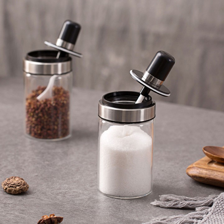 Hộp Đựng Gia Vị Bằng Thủy Tinh Trong Suốt Kèm Muỗng