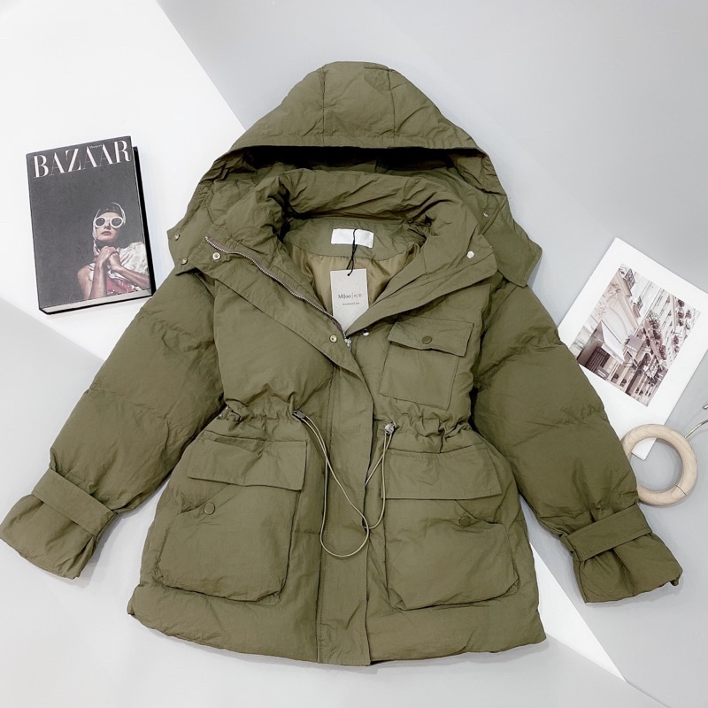 Áo phao dáng dài dây rút eo MIJOO phong cách Hàn Quốc siêu nhẹ siêu ấm