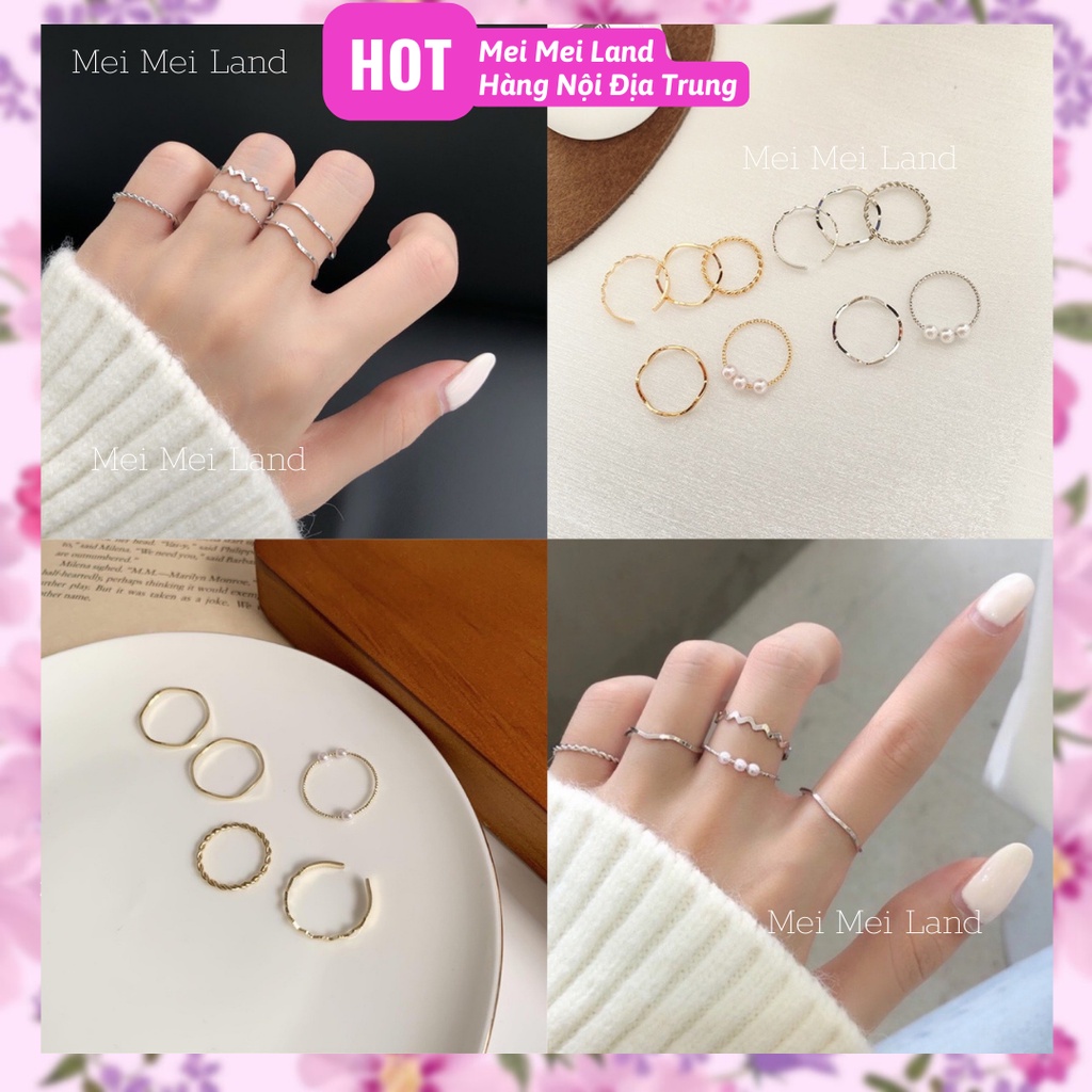 Bộ 5 Nhẫn Nữ Mảnh Đính Hạt Đơn Giản Xinh Xắn Phong Cách Hàn Quốc