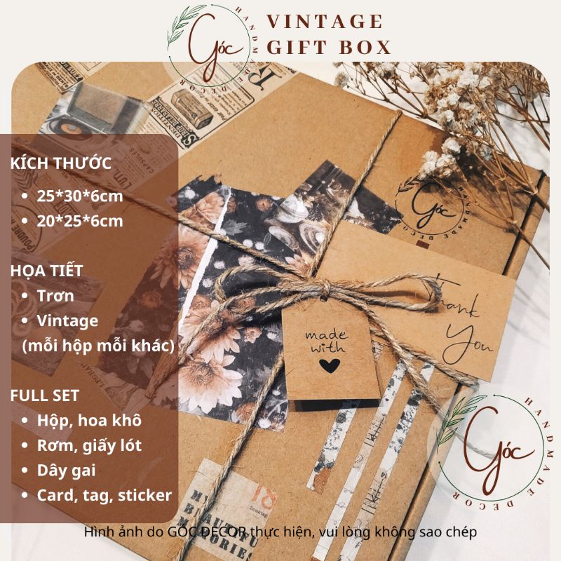 Hộp quà Vintage gift box 20*25*6cm kèm dây gai, rơm card tag stiker giấy lót đựng quà độc đáo không trùng lặp