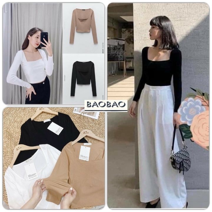 Áo Len Dài Tay Cổ Vuông Body Giữ Nhiệt Nữ BaoBao.Clothing [FREESHIP] 🍄 Thun tăm cổ khoét sâu dáng ôm màu ĐEN |TRẮNG|BE 🍄