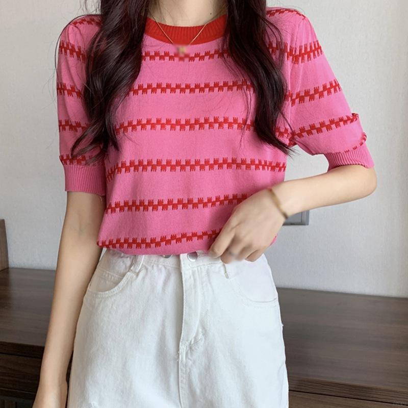 Áo thun dệt kim tay ngắn cổ tròn hoạ tiết kẻ sọc thiết kế dáng rộng thoải mái