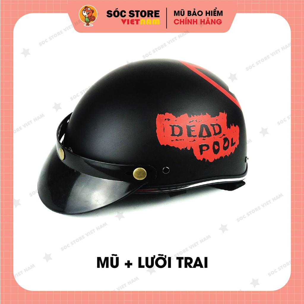Mũ bảo hiểm nửa đầu chính hãng in hình Deadpool ĐỎ Sóc Store, nón bảo hiểm nam nữ 1 phần 2, kèm kính UV, kính phi công