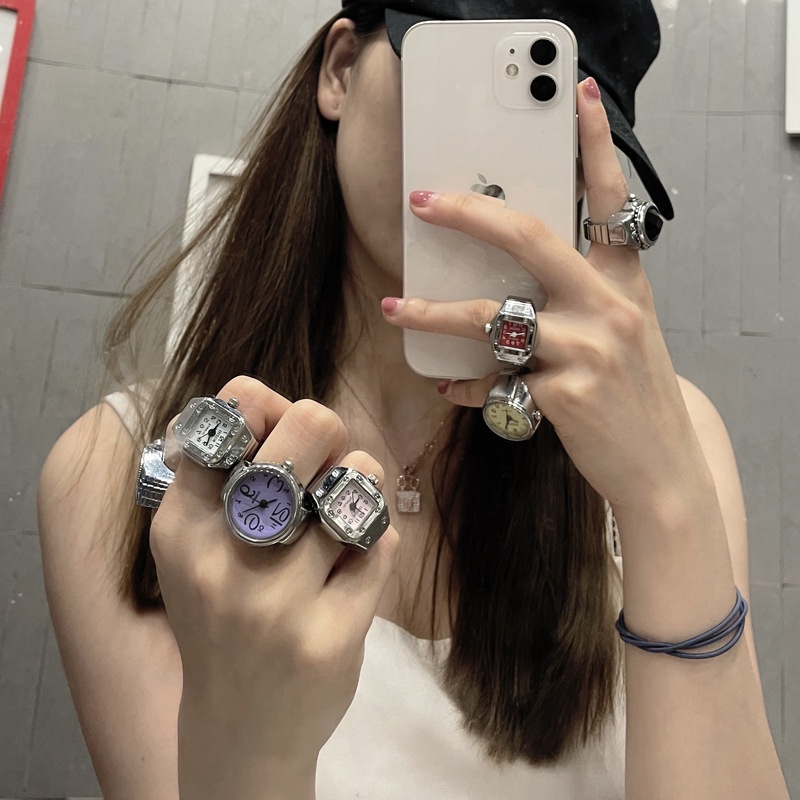 Nhẫn Mặt Đồng Hồ Thạch Anh Co Giãn Phong Cách Punk Hip hop Cá Tính Mới Cho Nam Nữ