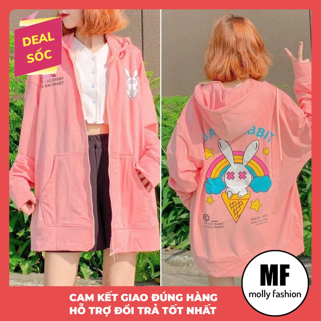 [Mã FAMAYWA2 giảm 10K đơn 50K] Áo khoác Hoodie nỉ nam nữ form rộng Bad Rabbit Freesize mặc vừa từ 40-65kg Molly Fashion