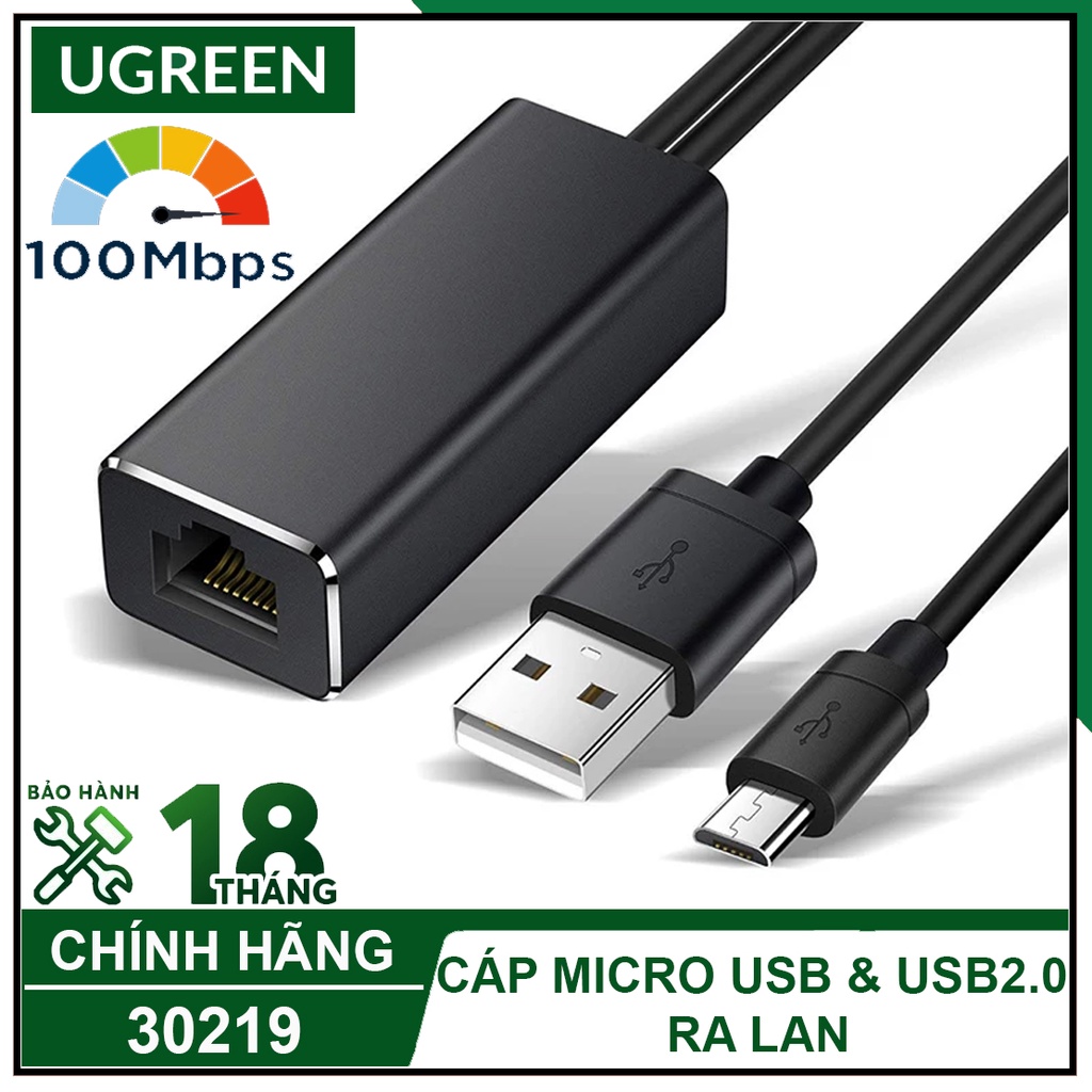 Cáp Micro Usb Và Usb 2.0 Ra Cáp Lan 100Mbps Cao Cấp, UGREEN 30219 Chính Hãng
