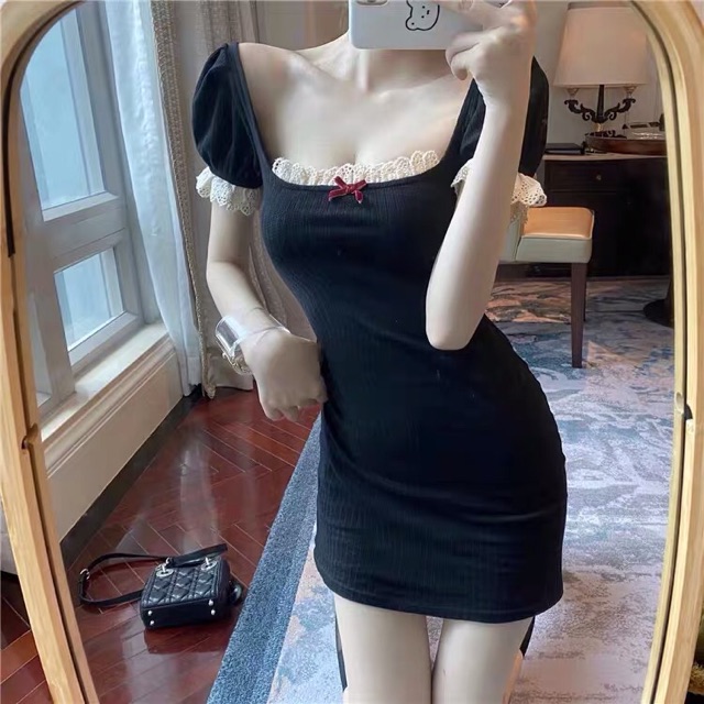 Đầm Body Nữ - Váy Cổ Vuông Tay Bồng Phối Ren Nơ Ngực Sexy - VN11