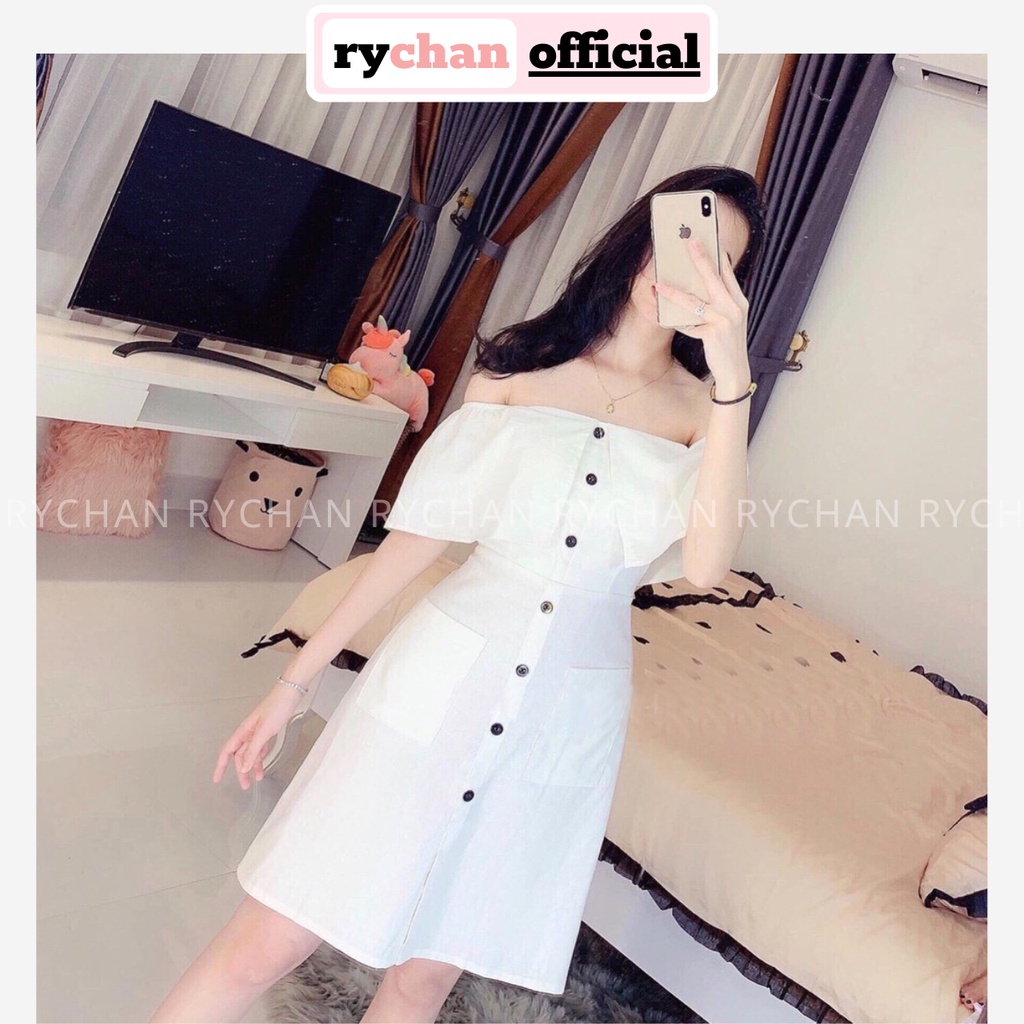 DX161 - Đầm Xòe Trễ Vai Trắng Đính Cúc