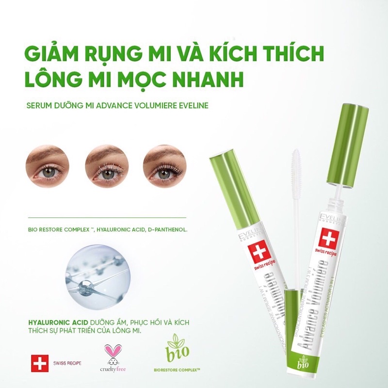Tinh chất mascara dưỡng dài mi, ngăn rụng mi 3 Trong 1 Eveline Advance Volumiere 10ml